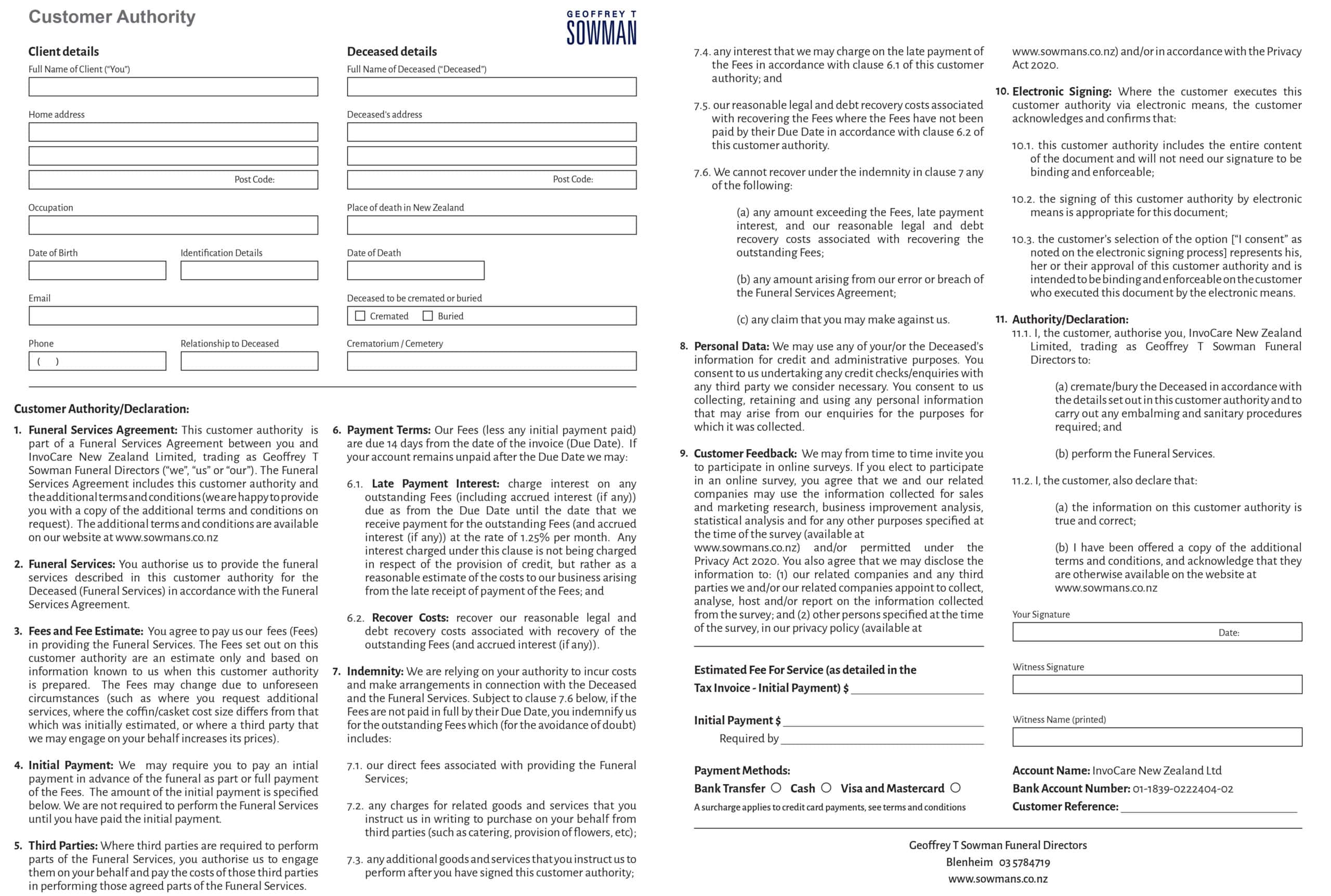 Geoffrey T Sowman Funeral Directors Customer Authority Form